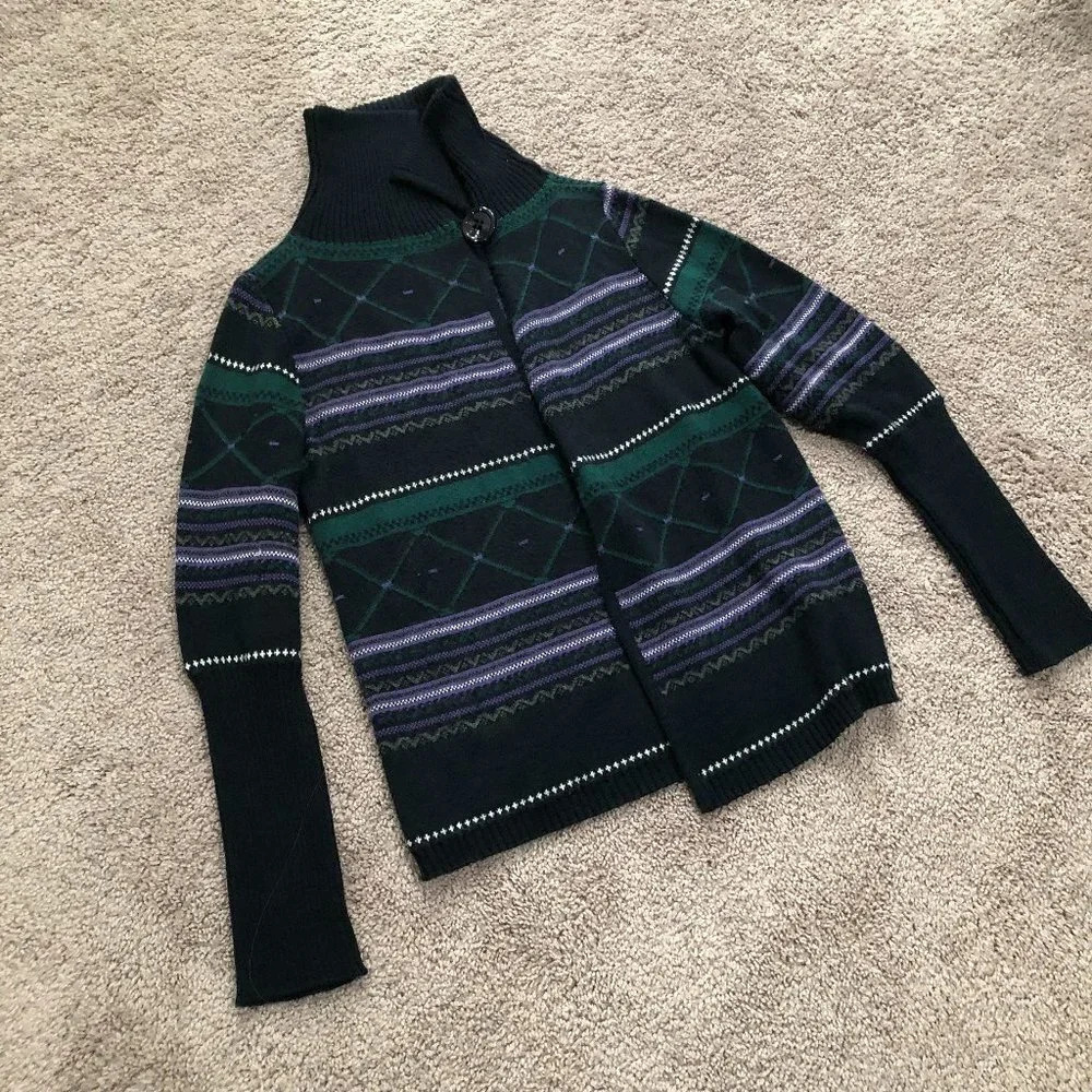 Vintage‎ Fair Isle Argyle Knit Turtleneck Cardigan Sweater